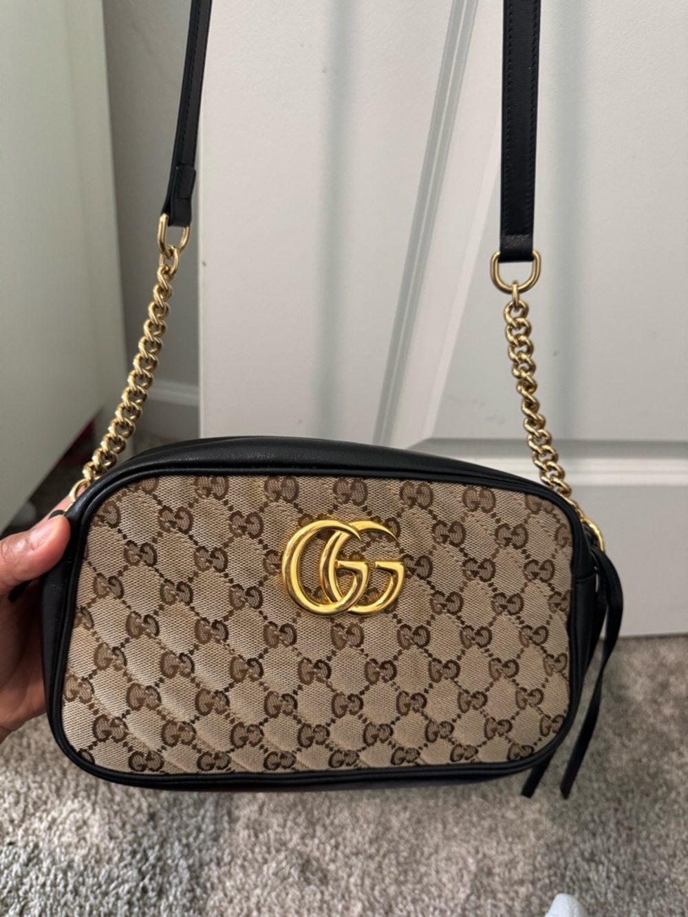 Gucci Beige GG Canvas Crossbody with Black Leather Trim & Gold Hardware